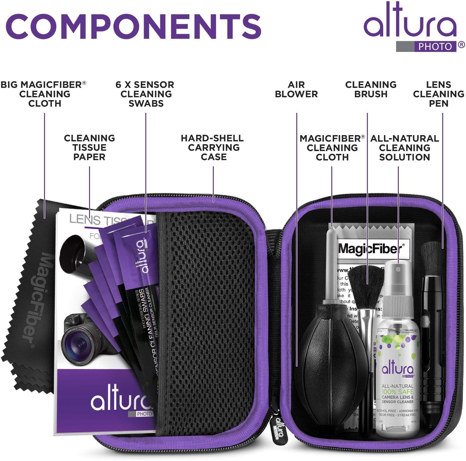 Altura Photo Professional Camera Cleaning Kit for Full Frame DSLR & Mirrorless Cameras - Lens and Sensor Cleaner - Includes Case, Spray, Swabs, Blower, Brush, Tissue Paper - Image 2